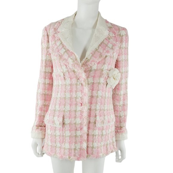 CHANEL Jackets & Blazers - Chanel Pink and Beige Houndstooth Raw Edge Flower Brooch Jacket